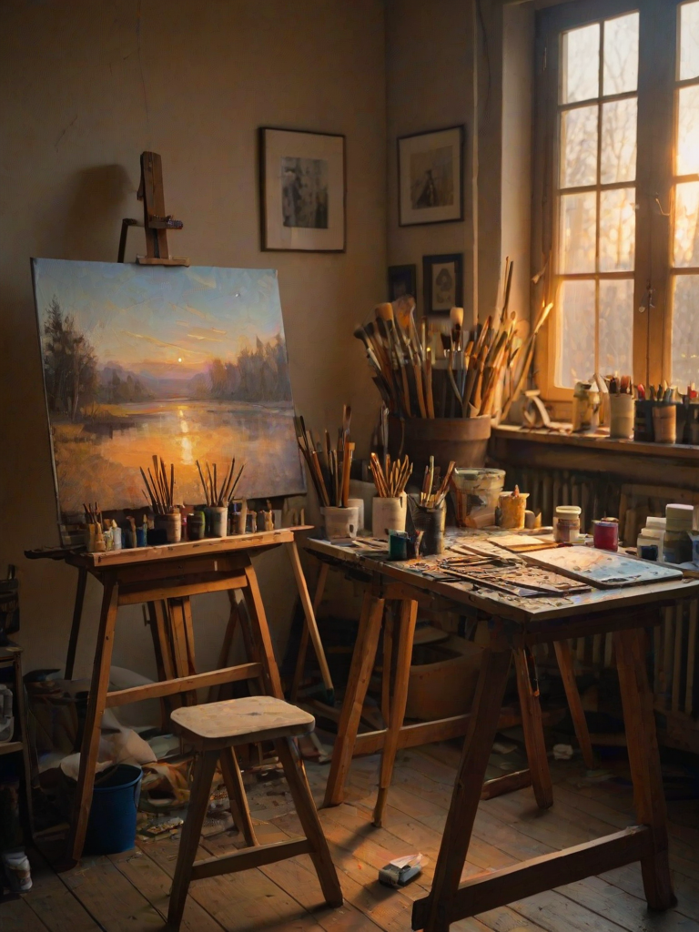 Warmly lit photo of an artist's studio at dusk, with soft golden light streaming through the window, paintbrushes and tubes of paint scattered on a wooden table, and a half-finished canvas propped on an easel.