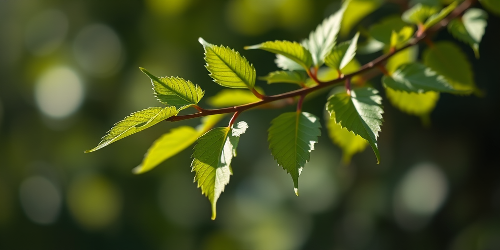 Generate a high-resolution image of a branch with green leaves, using a macro lens with an aperture of f/2.8, ISO 100, focal length of 50mm, soft natural lighting, and a slight bokeh effect to enhance the details and richness of the leaves.