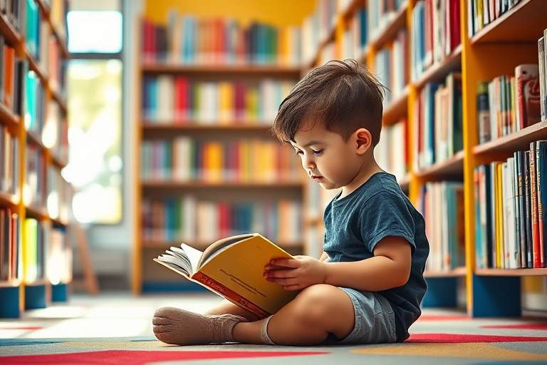 A child reading a book while sitting on the floor of a colorful library, surrounded by shelves filled with books, bright natural light illuminating the scene, Canon EOS 5D Mark IV, 50mm lens, f/1.8, ISO 100, 1/200 sec, soft focus on background for depth.