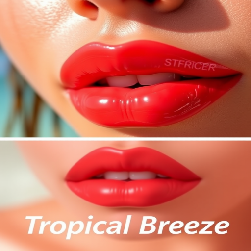 Vibrant coral sunset lips with a glossy finish, named "Tropical Breeze," feature a subtle ombre effect and a plumping formula for a full, luscious appearance