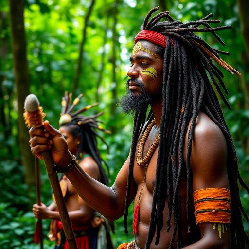Regenerate the image of a traditional performance with a focus on a man with long dreadlocks and body paint, in a lush green forest setting, using a DSLR camera, 50mm lens, f/1.8 aperture, ISO 100, natural lighting, capturing details of cultural expression and vibrant colors.