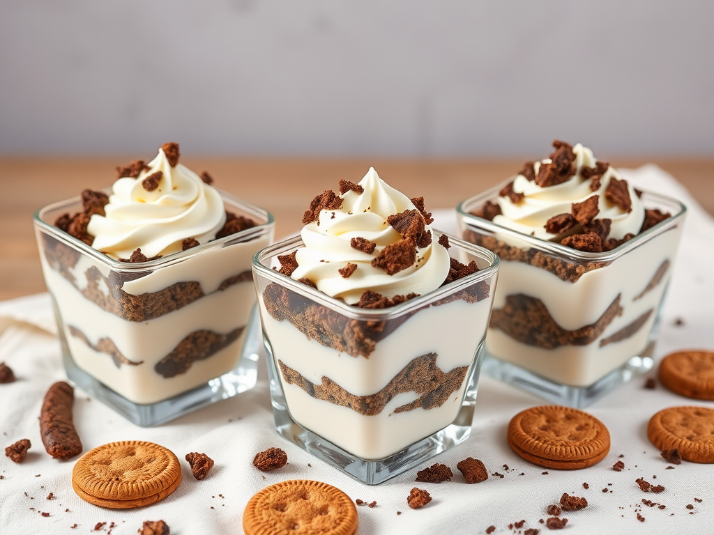 Create an image of three square glass dessert containers filled with layers of creamy dessert topped with piped whipped cream and crushed cookie crumbs placed on a light cloth with scattered cookies around the containers