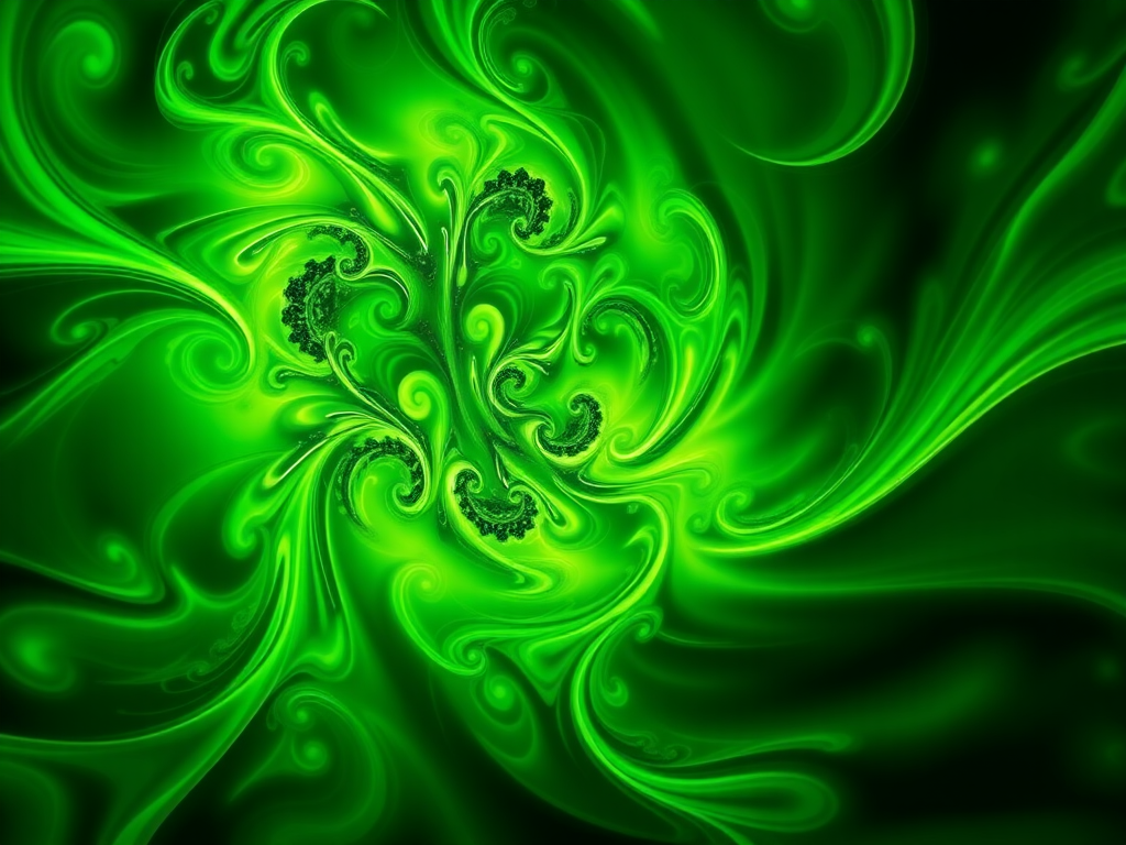 Create a vibrant green fractal design with luminous swirling patterns and abstract shapes, using a DSLR camera at f/2.8 aperture, ISO 100, captured from a close-up perspective with a macro lens.