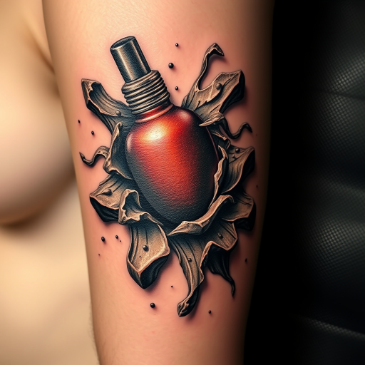 Realistic 3D tattoo titled "Illusion of Depth" creating a trompe l'oeil effect with hyperrealistic textures and shadows giving the appearance of objects emerging from or sinking into the skin