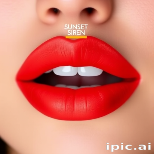 Fiery red-orange ombré lips with a satin finish, called "Sunset Siren," featuring a gradient effect and intense color payoff, perfect for making a bold statement