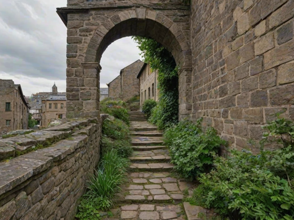 a narrow stone pathway leading up stairs with greenery, old buildings in the background, under a rustic archway with a cloudy sky