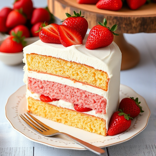 A delicious layered cake with pink and yellow sponge layers, topped with white frosting and garnished with fresh strawberries, served on a decorative white plate with a fork beside it. The background features a rustic wooden cake stand and additional strawberries.