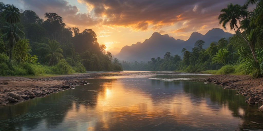 Tranquil Sunrise Over Serene River Surrounded by Lush Green Mountains