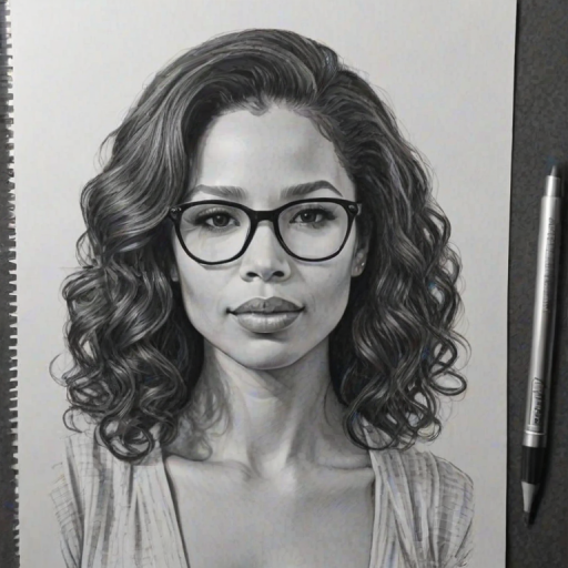 Enchanting Jurnee Smollett, pencil sketch, portrait of Enchanting woman 1962s in glasses, hair style beatnik, outline, clear lines, fine lines, 8k