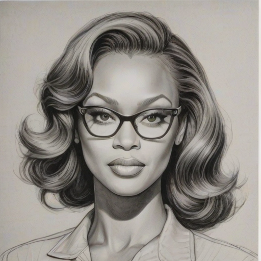 Charming Tyra Banks, pencil sketch, portrait of Wonderful woman 1941s in glasses, hair style beatnik, outline, clear lines, fine lines, 8k