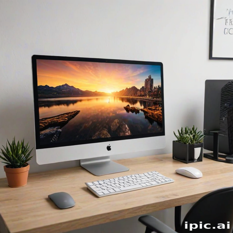 Modern Workspace Featuring an Apple Computer with Stunning Scenic Wallpaper