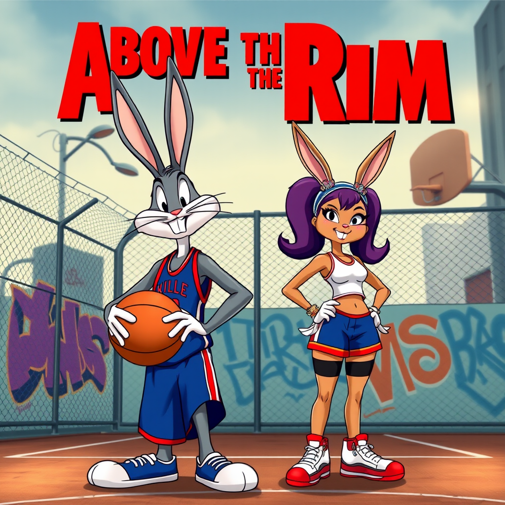 Design an Above the Rim poster featuring Bugs Bunny as Kyle and Lola Bunny as Shep. Bugs is dressed in a basketball jersey and shorts, holding a basketball with a confident expression, while Lola stands beside him in athletic gear, looking determined. The background features an urban basketball court with a wire fence, streetlights, and graffiti. The title "Above the Rim" appears in bold red letters at the top, keeping the original street basketball vibe