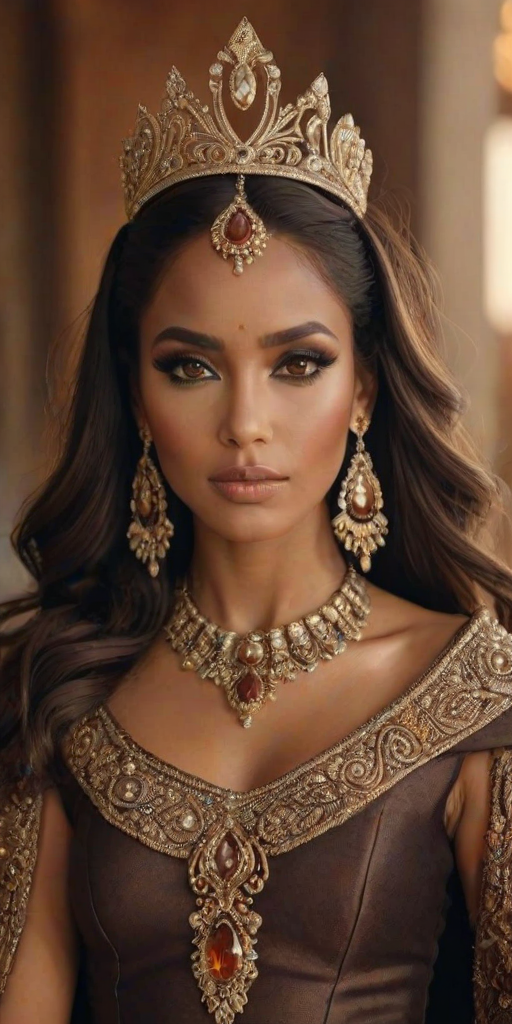 A gorgeous Tuareg woman in a luxurious brown gown, accessorized with a dazzling tiara and statement earrings, her deep orange eyes highlighted by impeccable makeup, poised in a royal setting, photorealistic, 8K quality