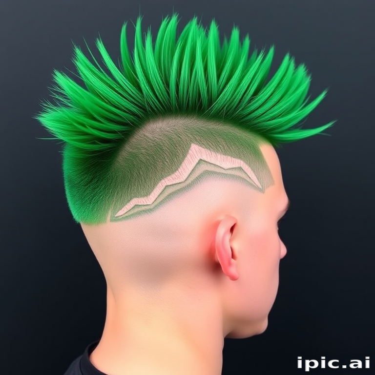 Bold emerald green mohawk called "Verdant Rebel" stands tall with shaved sides, featuring intricate geometric patterns etched into the scalp for a daring and edgy appearance