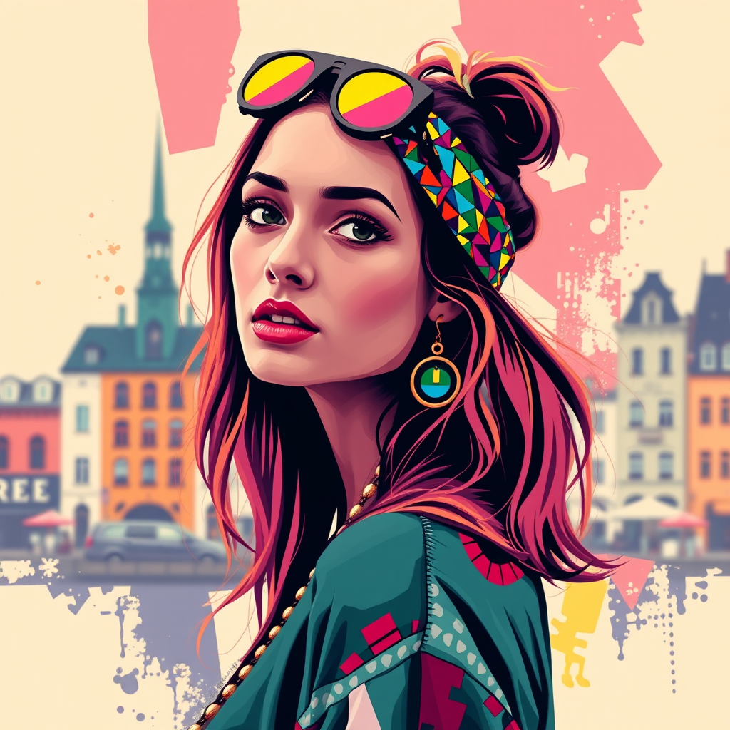 A vibrant artwork blending bohemian style with edgy street art, featuring a young Swedish woman. The design mixes vibrant colors with the modern Disney-inspired style, echoing Roy Lichtenstein's pop art. The overall mood is optimistic and trendy, with elements of Johannes Vermeer’s classic elegance, combined with the geometric abstraction of crystal cubism. add Stockholm silhouette