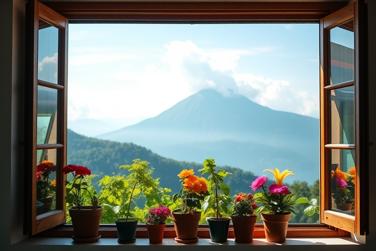 a vibrant studio window scene showcasing a breathtaking mountain view with lush greenery and colorful flowers in pots, soft natural lighting, Canon EOS R5, 35mm lens, f/8, ISO 100, slight tilt-shift effect for depth of field