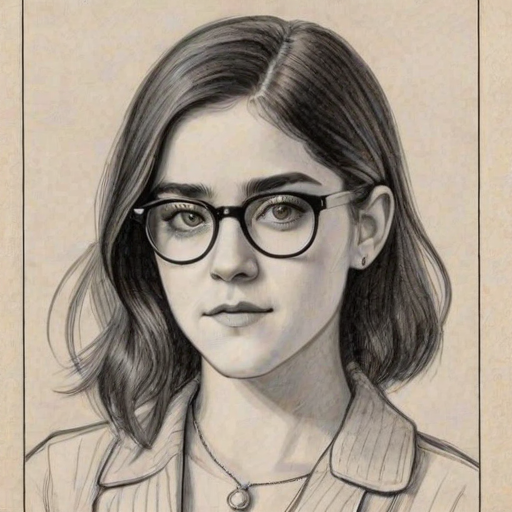 Ravishing Isabelle Fuhrman, pencil sketch, portrait of Appealing woman 1923s in glasses, hair style beatnik, outline, clear lines, fine lines, 8k