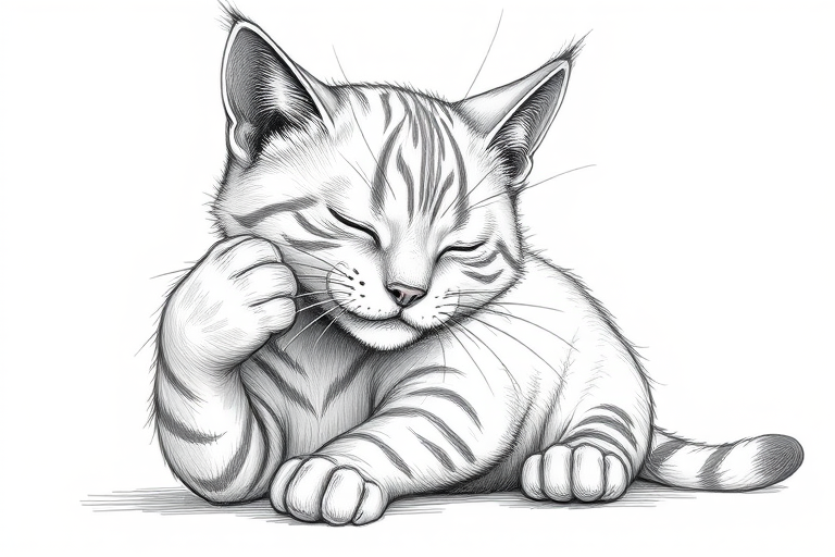Create a detailed drawing of a playful cat grooming itself, featuring intricate line art with varied thickness to enhance texture, using a high-resolution digital medium, focal length of 50mm, aperture set at f/2.8, and featuring a soft focus background for depth.