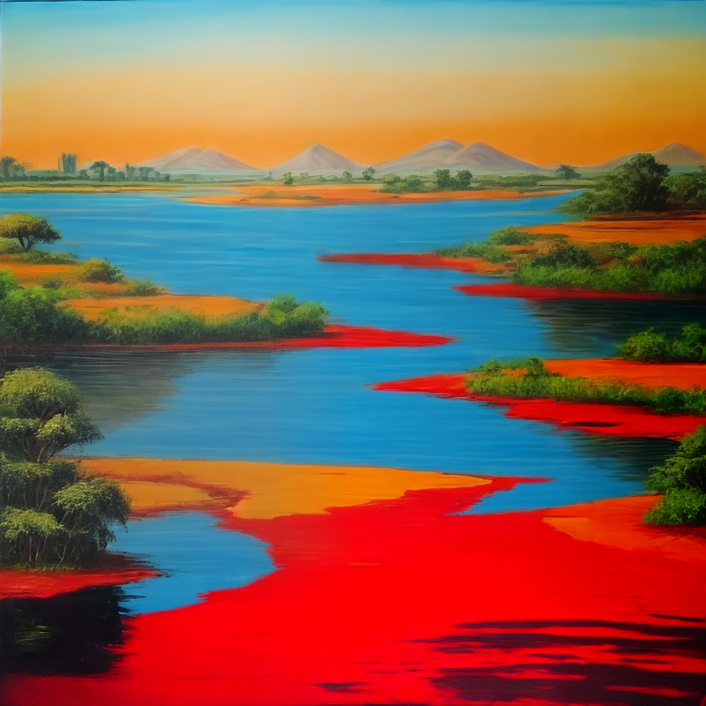 oil painting of the Nile river with red water