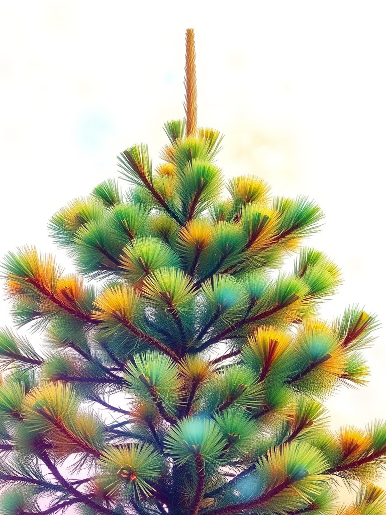 Create a vibrant watercolor painting of a pine tree with a soft pastel background, captured with a Canon EOS R5 at f/2.8, ISO 100, 50mm lens, using high dynamic range settings for enhanced detail and color saturation.