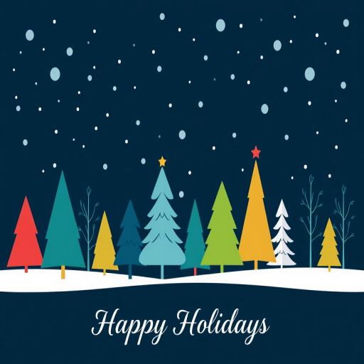 Create a festive winter scene featuring a variety of stylized trees in different colors and shapes, set against a dark blue night sky with falling snowflakes. Include the text "Happy Holidays" in a simple and elegant font at the bottom.