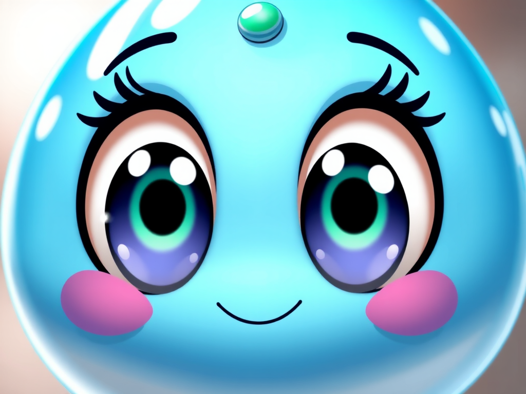 Generate a bright and cheerful cartoon character resembling a sparkling blue droplet with large expressive eyes and a small green accent on top, using a digital medium, close-up view, high resolution, with soft lighting for a glossy finish.