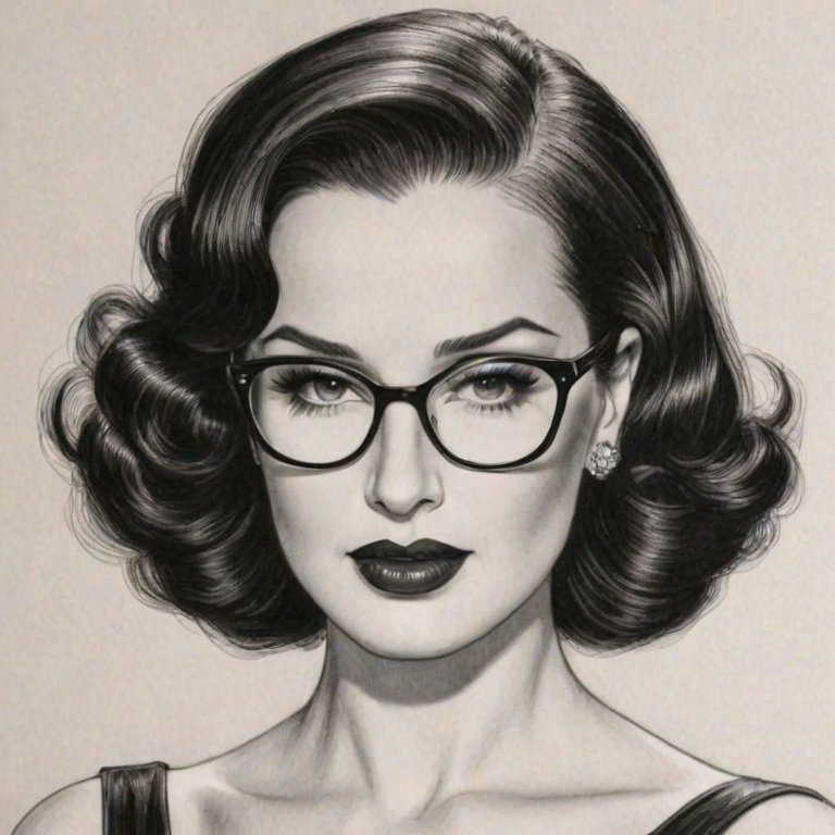 Appealing Dita Von Teese, pencil sketch, portrait of Dazzling woman 1936s in glasses, hair style beatnik, outline, clear lines, fine lines, 8k