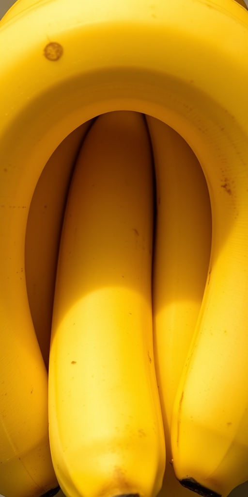 Create a high-resolution image of three ripe bananas clustered together, taken with a DSLR camera, 50mm lens, f/2.8 aperture, ISO 100, in natural light from a top-down view to emphasize texture and color vibrancy.