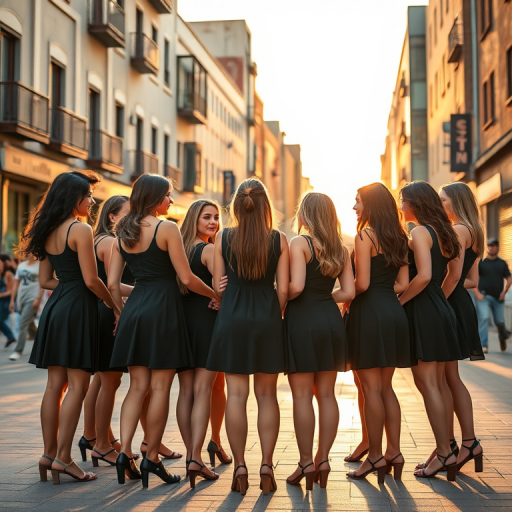 generate an image of a group of young women in black dresses standing in a circle with varying hairstyles, in a vibrant urban setting during golden hour, using a DSLR camera, aperture f/2.8, shutter speed 1/500s, ISO 200, wide-angle lens, high dynamic range for enhanced clarity and detail
