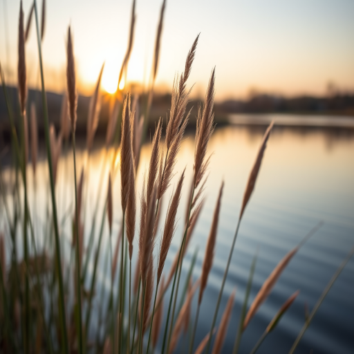 Capture a close-up of tall reeds by a calm lake at sunrise, using a DSLR camera with a 50mm lens, aperture set to f/2.8, ISO 100, shutter speed 1/200 sec, natural light, and focus on the delicate textures of the reeds against the reflective water.