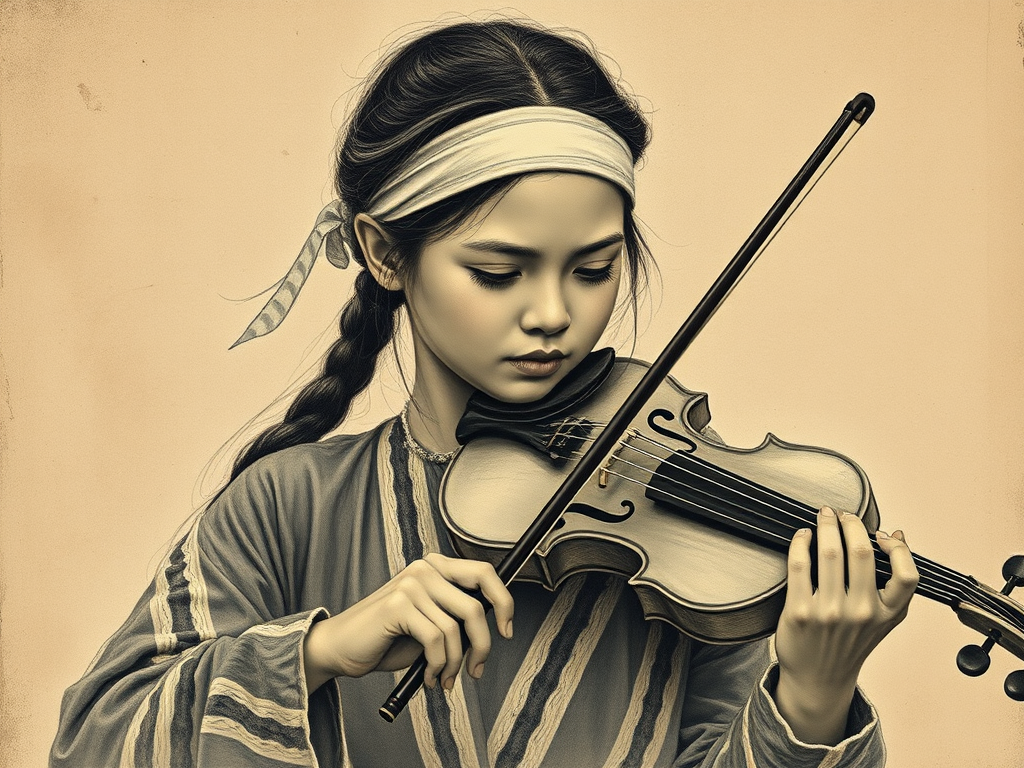 a young M'tis woman with a white headband playing a violin, in the style of a charcoal drawing, sepia grunge background