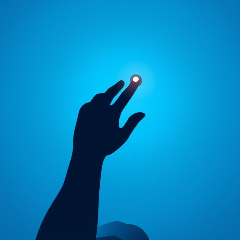 Create a digital illustration of a human silhouette with a hand touching a button on the head, using a gradient blue background, in high resolution, shot with a Canon EOS R5 at f/8, 1/60 sec, ISO 100, in portrait orientation, with soft lighting for a clean, modern look.