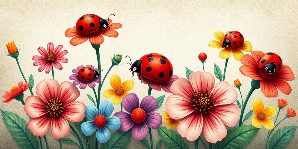 Generate a high-resolution digital illustration of a whimsical floral design featuring red and black ladybugs on colorful flowers with a textured background, using a digital camera with a 50mm lens, aperture f/2.8, ISO 100, natural light, and a soft focus style.