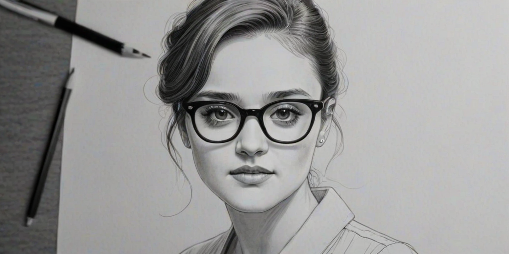 Elegant Olivia Cooke, pencil sketch, portrait of Fascinating woman 1955s in glasses, hair style beatnik, outline, clear lines, fine lines, 8k