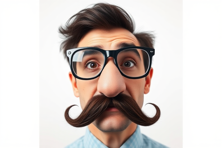 Create a vector-style image of a funny disguise with oversized glasses, a large fake nose, and a mustache, using a flat design, optimized for high resolution, shot with a DSLR camera at f/2.8, ISO 100, 50mm focal length, in a well-lit studio environment.