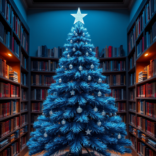 Generate an image of a blue glittery Christmas tree with a star on top, surrounded by bookshelves filled with books. The tree has a layered design, resembling a cone shape with multiple rings. The setting is cozy and festive, with a warm ambiance.