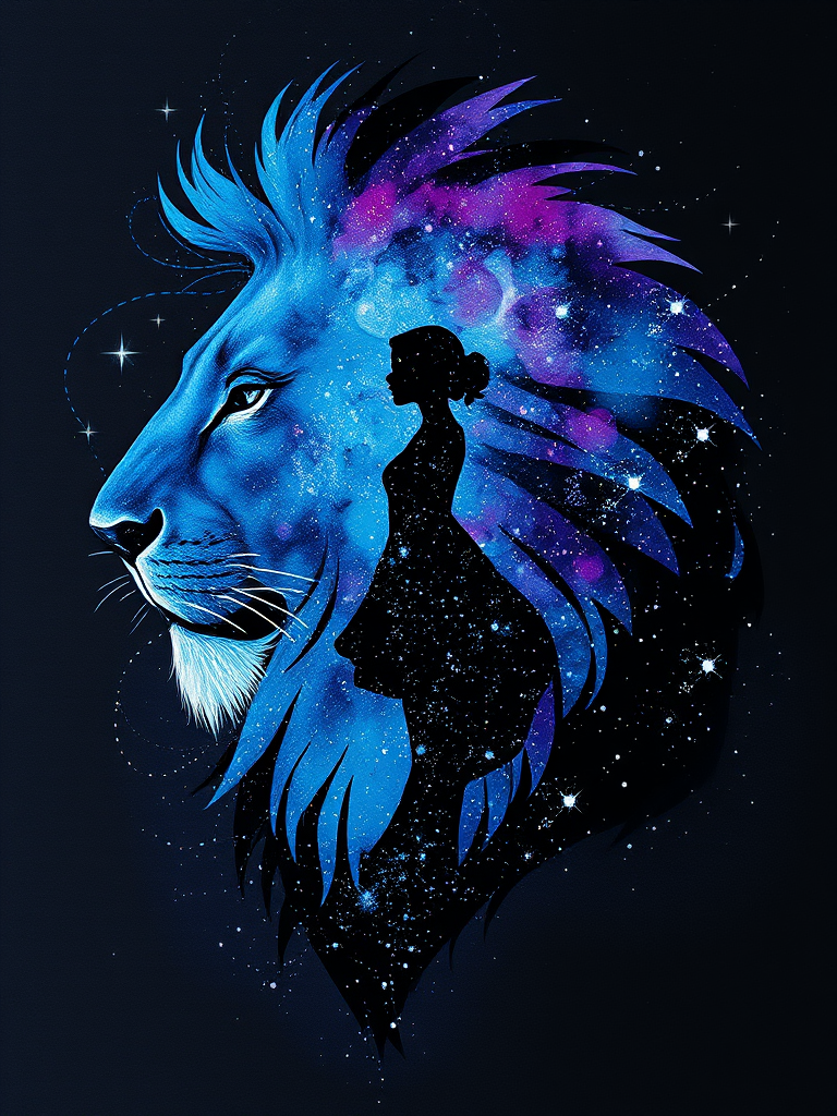 Captivating conceptual render alcohol ink art, double exposure, the paint strokes artfully merge combining a woman's full silhouette with a Delicate dragonfly's silhouette. The figures are composed of a series of colored dots, lines & spots that evoke the image of a cosmic galaxy, colors are deep shades of blue purple & black with flashes of white & silver representing distant stars. The woman's silhouette is formed within the lion's silhouette from constellations of scattered stars, surreal