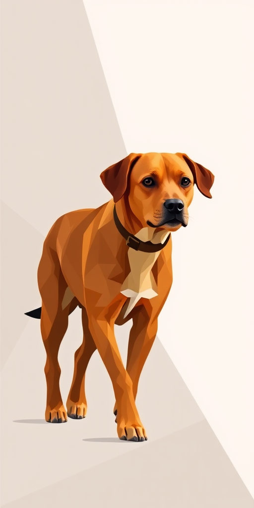 Generate a high-quality vector image of a walking brown dog in a stylized geometric design, with sharp angles and clean lines, using a Canon EOS-1D X Mark III camera at f/5.6, ISO 100, shutter speed 1/250 sec, and a wide-angle lens for a dynamic perspective.