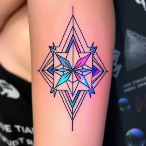 Holographic foil tattoo named "Prismatic Shift" designed to mimic the iridescent properties of holographic materials, featuring geometric shapes and abstract patterns that appear to change color and dimension as the viewing angle shifts