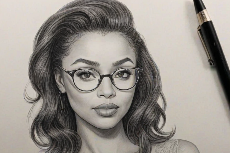 Dazzling Katerina Graham, pencil sketch, portrait of Bewitching woman 1946s in glasses, hair style beatnik, outline, clear lines, fine lines, 8k