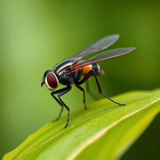 macro shot of a hoverfly perched on a green leaf with a blurred background, aperture f/2.8, shutter speed 1/200s, ISO 100, 100mm lens, natural lighting, tripod setup