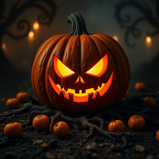 Create an image of a spooky Halloween pumpkin with a sinister grin illuminated from within sitting on a dark, muddy ground surrounded by twisted roots and small oranges scattered around, with a misty, eerie atmosphere and dim candlelight in the background.