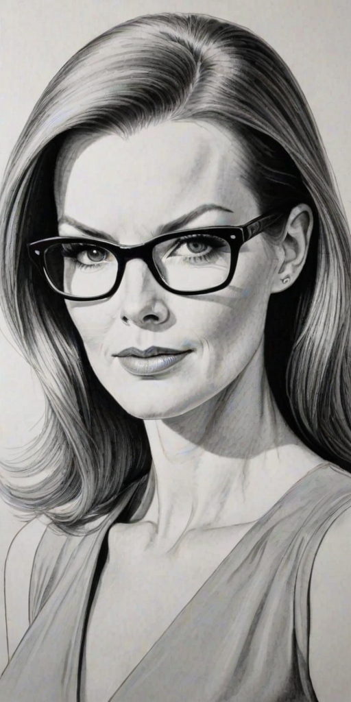 Appealing Marcia Cross, pencil sketch, portrait of Fascinating woman 1968s in glasses, hair style beatnik, outline, clear lines, fine lines, 8k