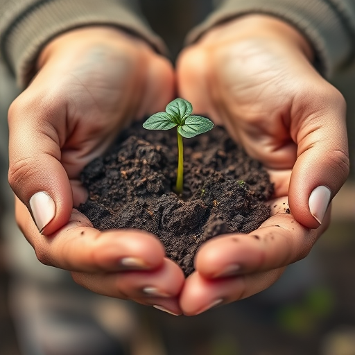 Capture a close-up image of a person's hands holding soil with a young plant sprouting from it, use a shallow depth of field at f/2.8, ISO 100, 50mm lens, natural light with a soft bokeh background, taken with a DSLR camera.