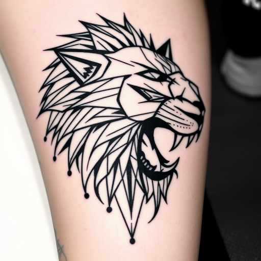 Striking geometric blackwork tattoo of a roaring lion head composed of intersecting lines and shapes, utilizing precise symmetry and dotwork accents for a modern, graphic aesthetic