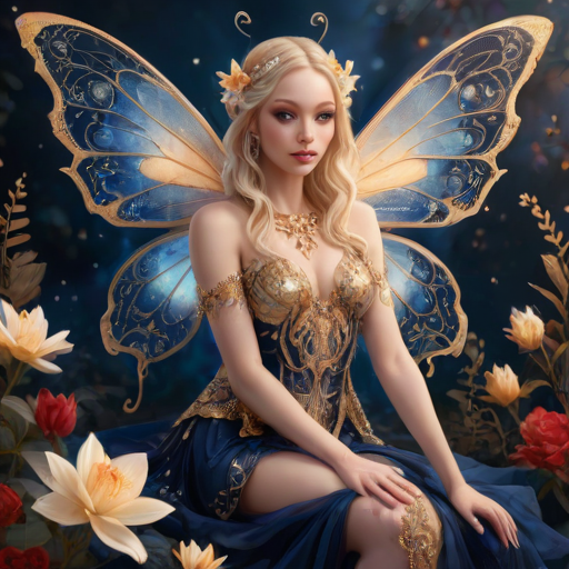 A digital artwork features a winged fairy with delicate Navy butterfly wings, adorned with intricate Beige andPlatinum patterns. She is seated on a vibrant Navy flower, wearing a revealing red two-piece outfit with sparkling beadwork. Her fair skin, long blonde hair, and gold jewelry add to her ethereal appearance. The background is a warm, golden gradient, creating a magical atmosphere. Small glowing orbs and sparkles surround the flower, enhancing the enchanting, highly detailed, and realistic scene.