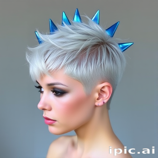 Striking silver pixie cut with textured spikes and metallic blue tips, creating an avant-garde alien-inspired look called Lunar Punk