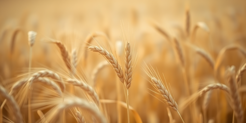Capture a close-up of golden wheat fields with shallow depth of field, aperture f/2.8, ISO 100, 50mm lens, soft natural light, and a slightly angled view to highlight the texture and color variations in the foreground.