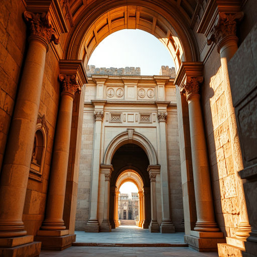 create a detailed image of an ancient stone doorway with ornate columns and an arched entrance, captured at sunrise to enhance warm lighting, using a DSLR camera with a 24mm lens, aperture set to f/8 for depth of field, ISO 100 for clarity, and a low angle view to emphasize the architectural details