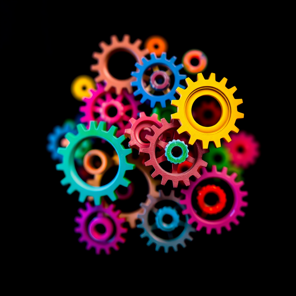 create an abstract image of colorful interlocking gears in a vibrant cluster with a black background, using a DSLR camera with a 50mm lens, aperture set to f/2.8, ISO 200, and a soft focus style for enhanced depth and brightness